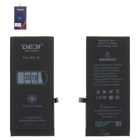 Аккумулятор Deji для Apple iPhone 11, Li ion, 3,83 B, 3510 мАч, повышенная ёмкость, original IC