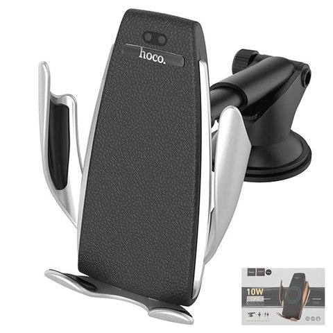 Sujetador para coche Hoco CA34, plateado, negro, ventosa de succión, sujetador automático, sobre deflector, con cargador inalámbrico, Entrada micro USB 5 V 2 A 9 V 1.67 A, salidas 5V 7.5V 10V 
