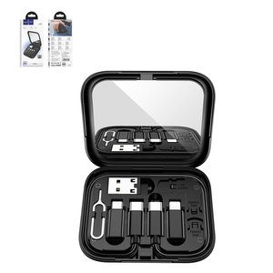 USB кабель Hoco U114, USB тип C, USB тип A, micro USB тип B, Lightning, 2xUSB тип C, 28 см, 60 Вт, 3 A, чорний, з коробкою для зберігання, з дзеркалом, з адаптерами, 6 в 1, #6931474790750
