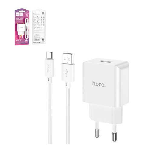 Мережевий зарядний пристрій Hoco C106A, білий, з USB кабелем тип C, 1 порт, #6931474783912