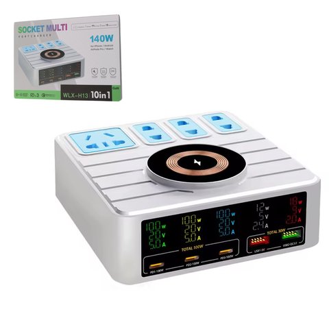 Мережевий зарядний пристрій Kingmax WLX H13, 140 Вт, Wireless Charge, Quick Charge, Power Delivery PD , з розеткою, 5 портів, 10 in 1